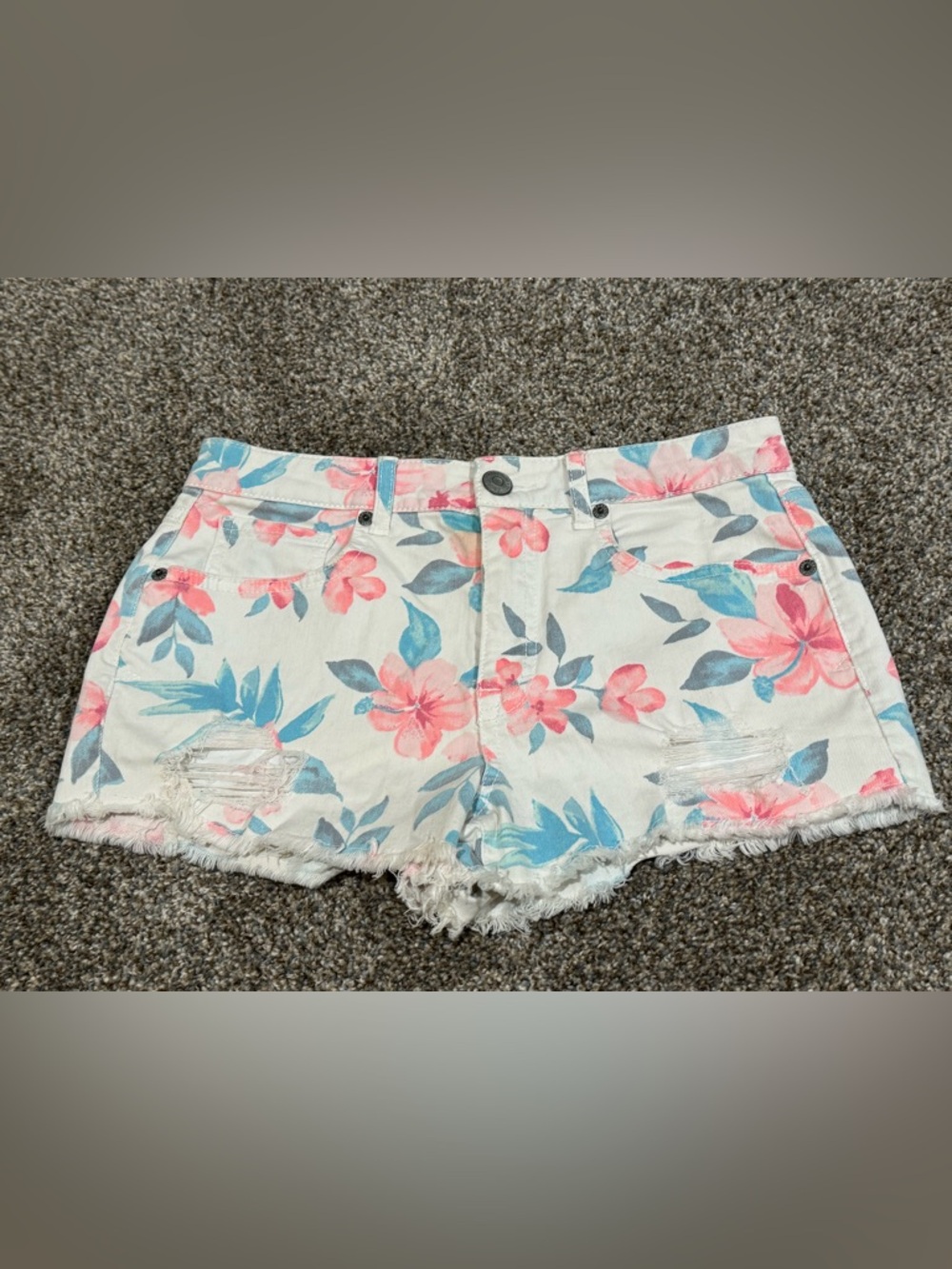Tokyo Darling High Waisted Shorty Floral Frayed Distressed Denim Shorts Size 4